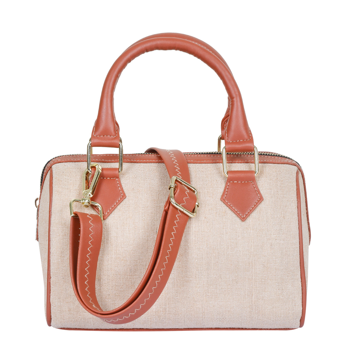 Women’s beige hand‑crafted fabric top handle crossbody bag for daily use, office, travel, and gifting