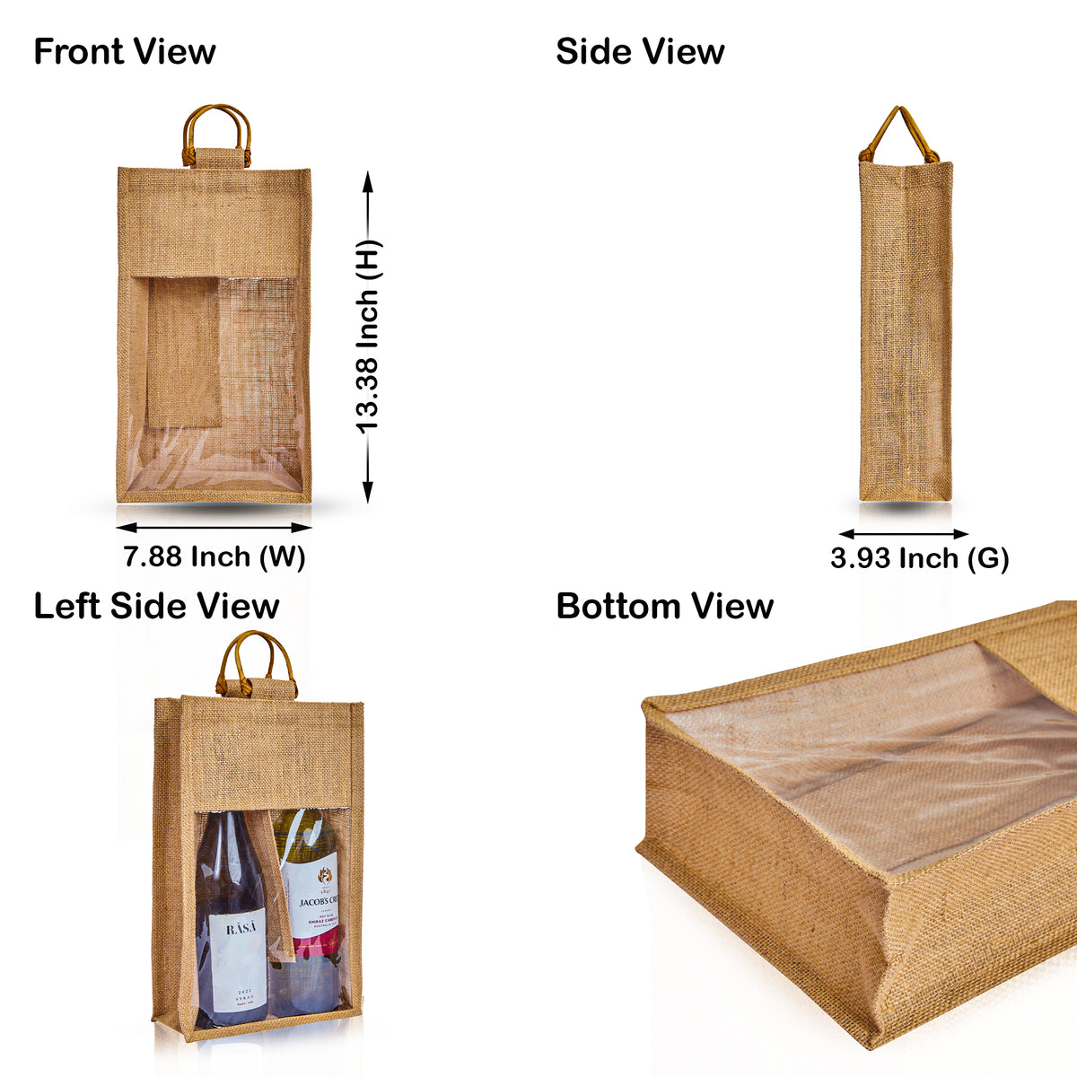 Pack of 12, 13.38"x7.88"x3.93" Jucobee Burlap Wine Gift Bags with PVC Window & Cane Handle Reusable Double Bottle Totes for Weddings, Parties & Gifting