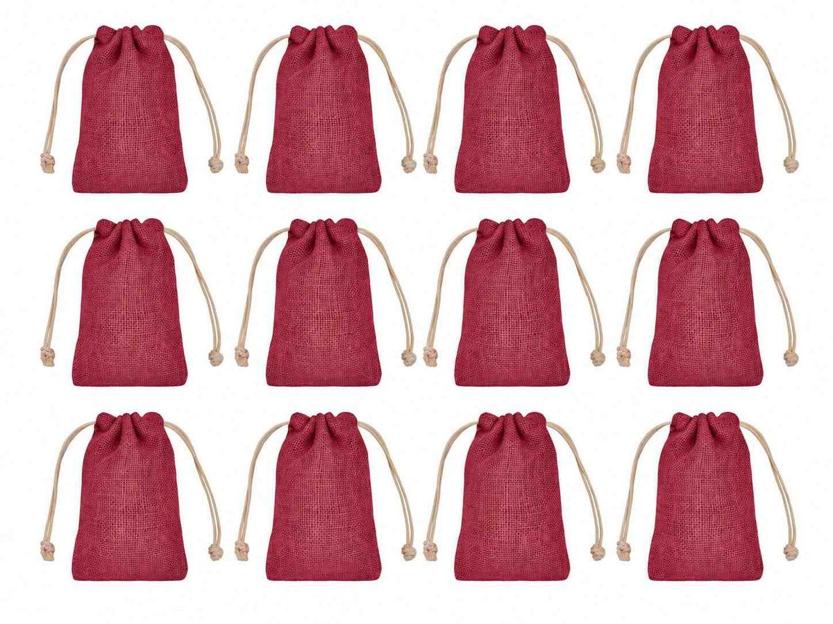 12 Pack 6.29 x 3.93 Inch Jucobee Jute Gift Bags, Reusable Drawstring Pouches in Deep Red, Pink, Green and Orange for Jewelry and Crafts