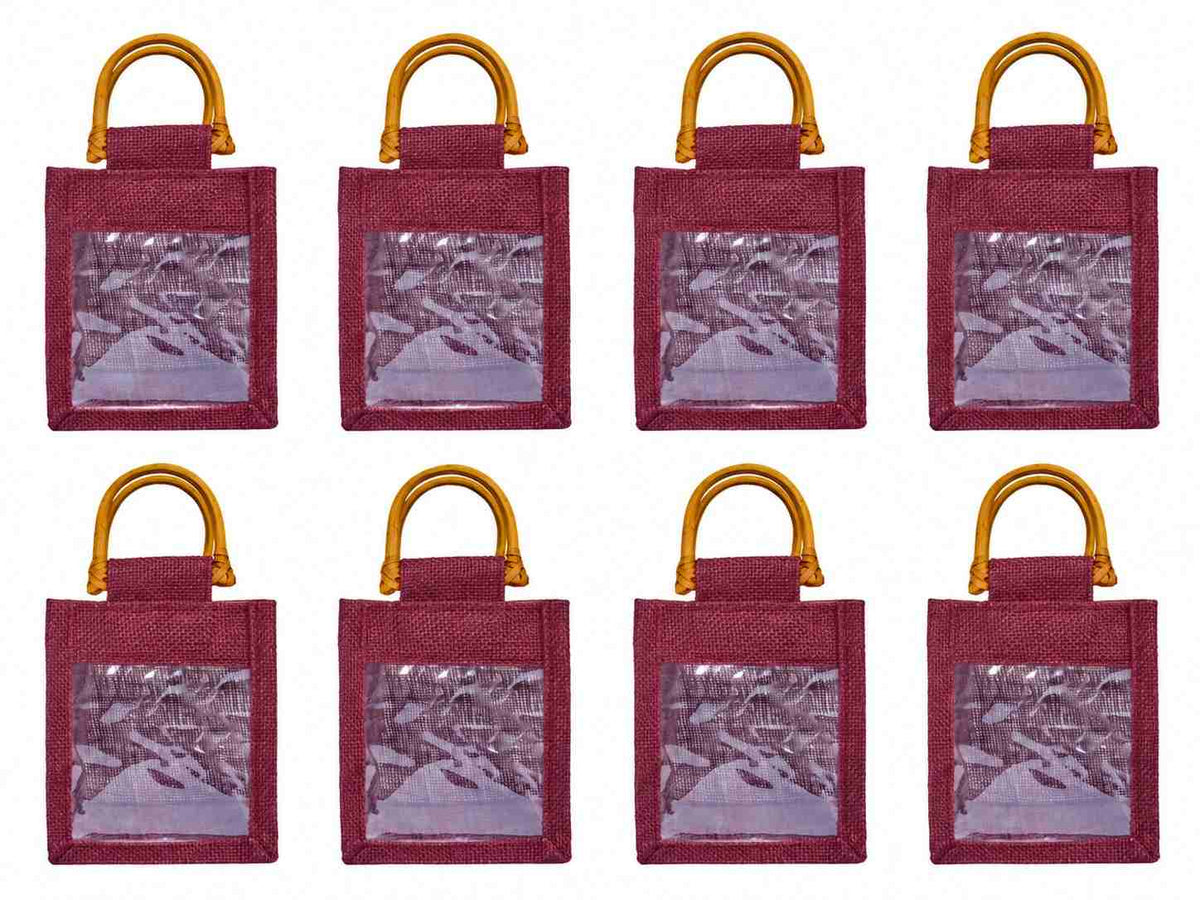 8 Pack 5.11 x 4.34 x 3.93 Inch Jucobee Jute Gift Bags, Cane Handles and PVC Window, Deep Red, Pink, Green, Orange