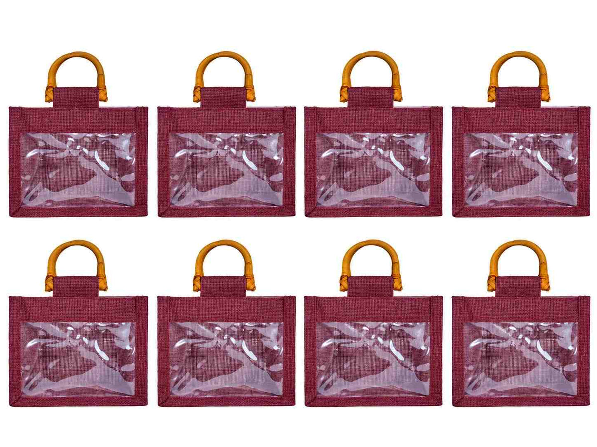 8 Pack 5.11 x 5.91 x 3.93 Inch Jucobee Jute Gift Bags with Cane Handles and PVC Window in Deep Red, Pink, Green, Orange for Gifts and Crafts