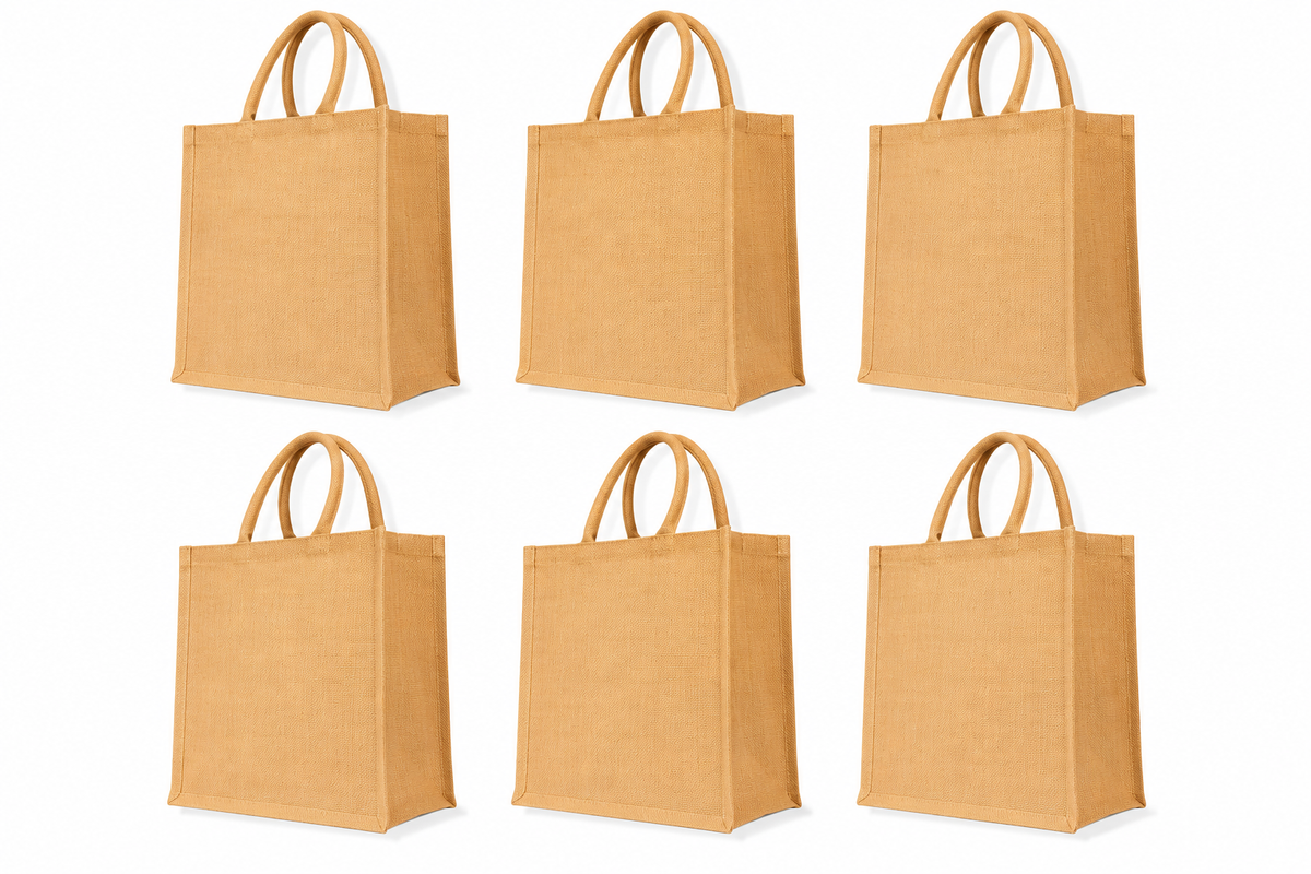 Pack of 6 , , 14x12x6 Jucobee Natural Burlap Jute Tote Bags with Laminated Interior Round Tube Handles Reusable Craft Bags