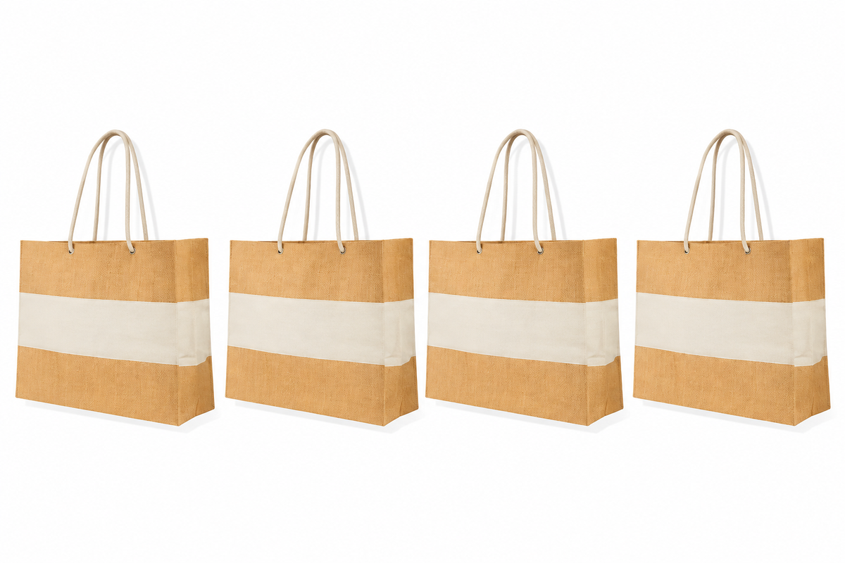 Pack of 4 , 14x22x6 Jucobee Natural Burlap Jute Tote Bags with Rope Handles Wooden Button Closure Reusable Shopping Travel Bags