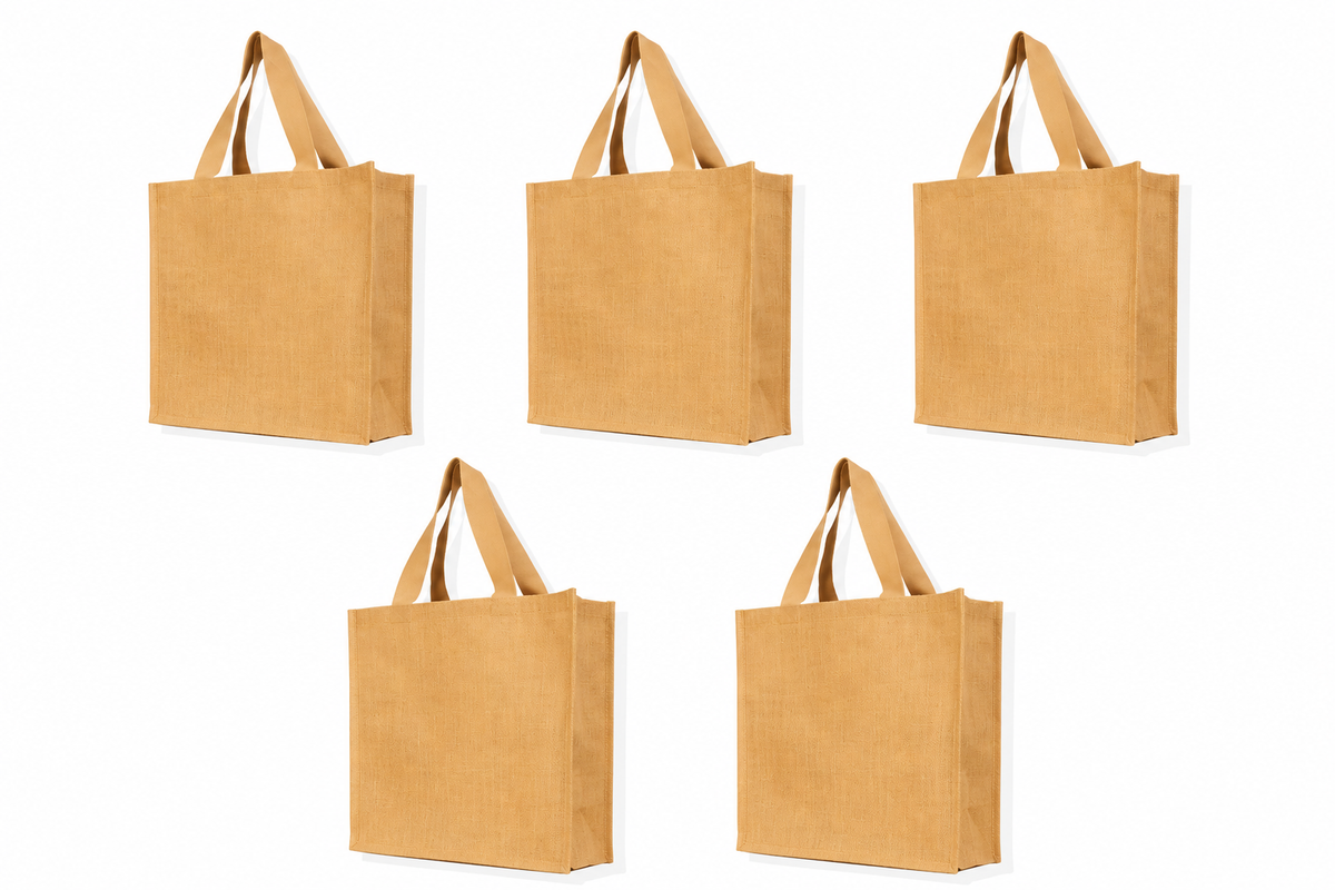 Pack of 5 , 16x16x6 Jucobee Natural Burlap Jute Tote Bags with Flat Handles Reusable Gift Grocery Wedding Beach Carry Bags