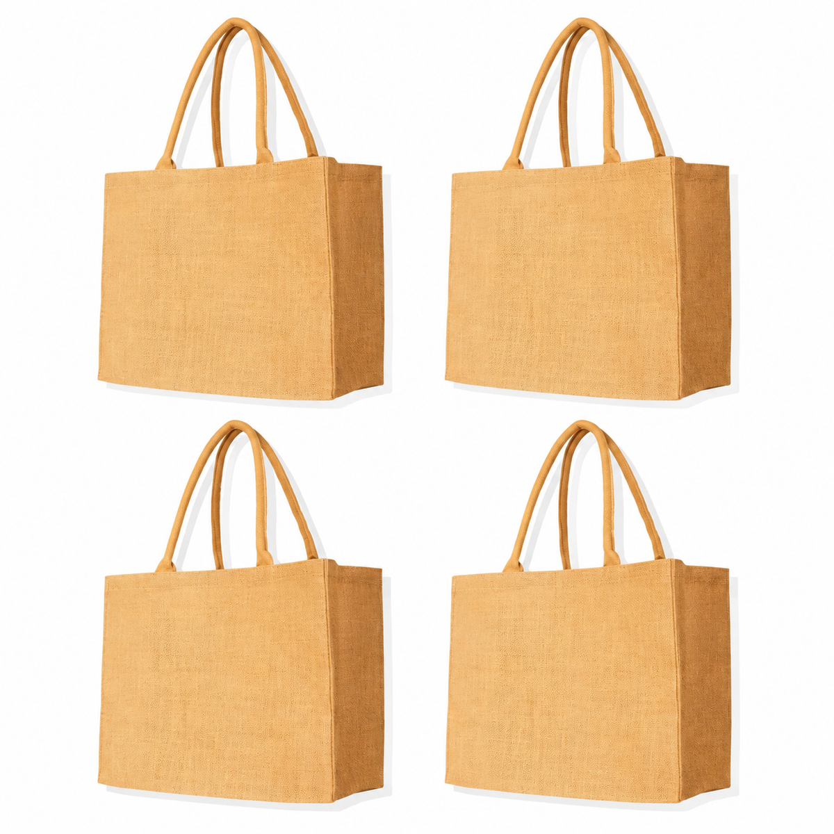 Pack of 4 , 13x16x7 Jucobee Natural Burlap Jute Tote Bags with Sturdy Handles Laminated Interior Reusable Shopping Gift DIY Bags