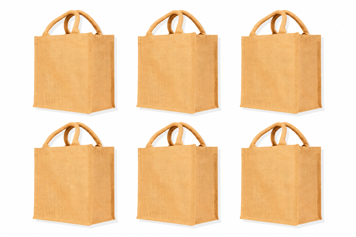 Pack of 6 , 12x10x6 Jucobee Natural Burlap Jute Tote Bags with Round Tube Handles Laminated Interior Reusable Shopping Gift Bags