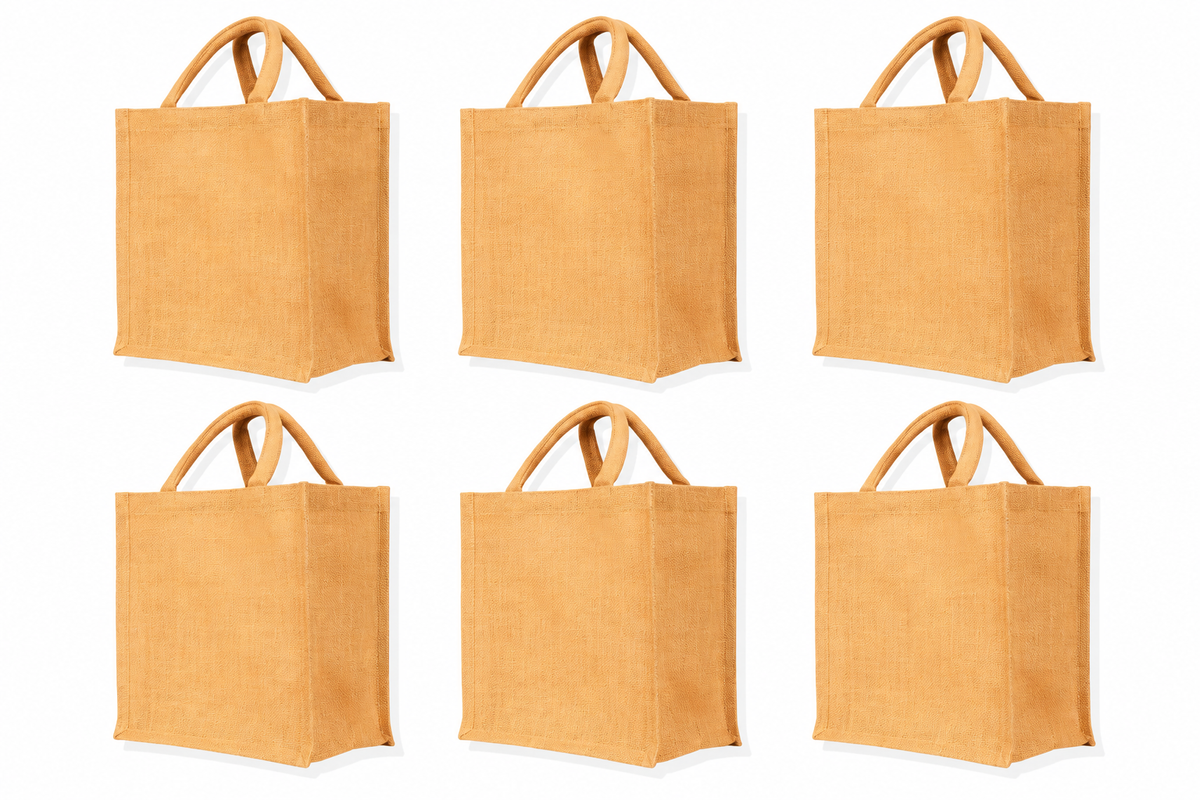 Pack of 6 , 10x9x6 Jucobee Natural Burlap Jute Tote Bags with Round Tube Handles Laminated Interior Reusable Event Gift DIY Bags