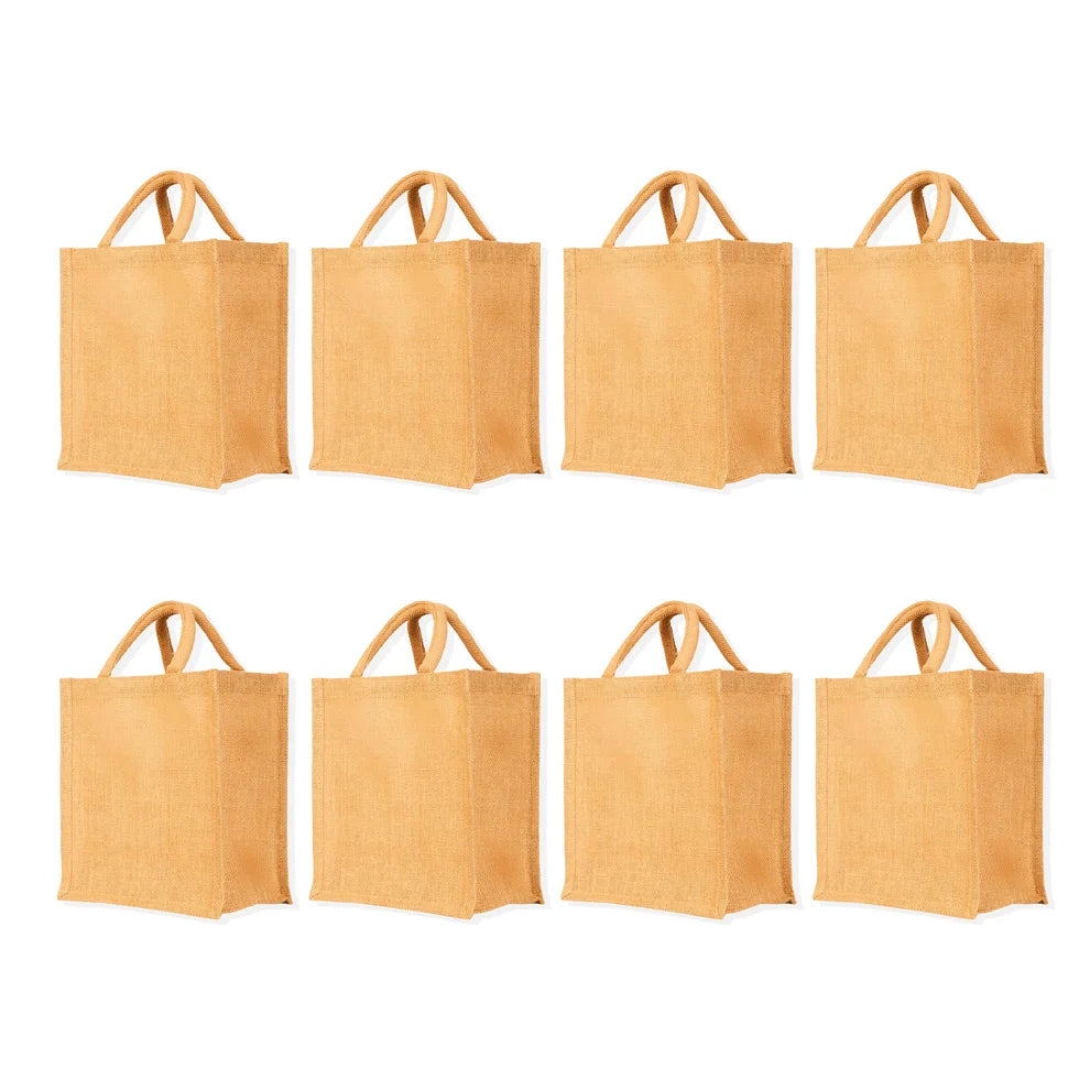 Pack of 8 , 10x9x5 Jucobee Natural Burlap Jute Tote Bags with Soft Tube Handles Reusable Gift Shopping Wedding Beach DIY Bags