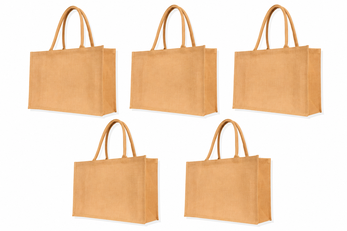 Pack of 5 , 13x18x6 Jucobee Large Natural Burlap Jute Tote Bags with Round Tube Handles Reusable Shopping Grocery Wedding Travel Bags