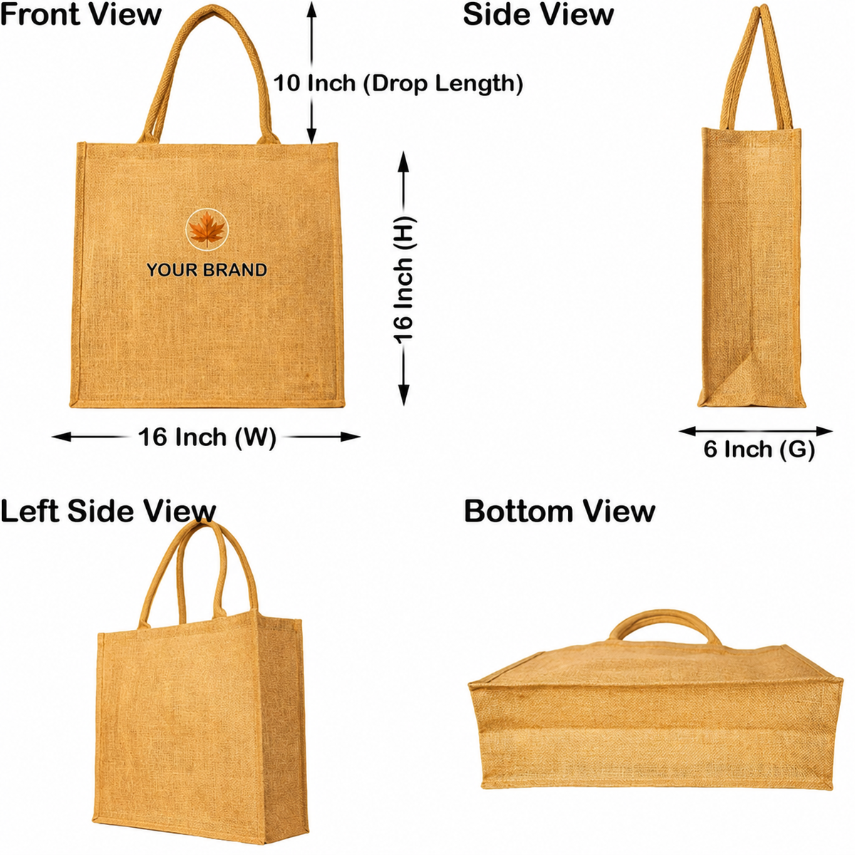 Pack of 5 , 16x16x6 Jucobee Natural Burlap Jute Tote Bags with Round Tube Handles Reinforced Base Reusable Shopping Travel Work Bags