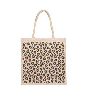 Cheetah print natural jute tote bag with sturdy handles, eco‑friendly reusable shopping and gifting bag.