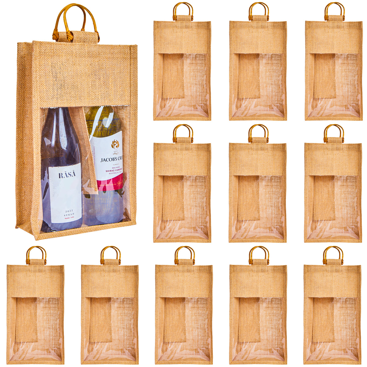 Pack of 12, 13.38"x7.88"x3.93" Jucobee Burlap Wine Gift Bags with PVC Window & Cane Handle Reusable Double Bottle Totes for Weddings, Parties & Gifting