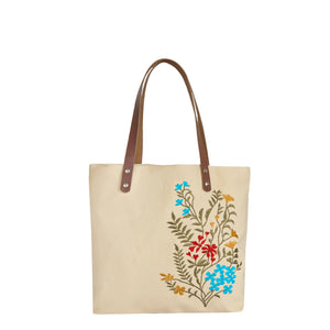 Women's floral embroidered canvas carry tote bag with genuine leather handles for shopping, work, travel, beach vacations, grocery shopping, commuting, college, and everyday use.