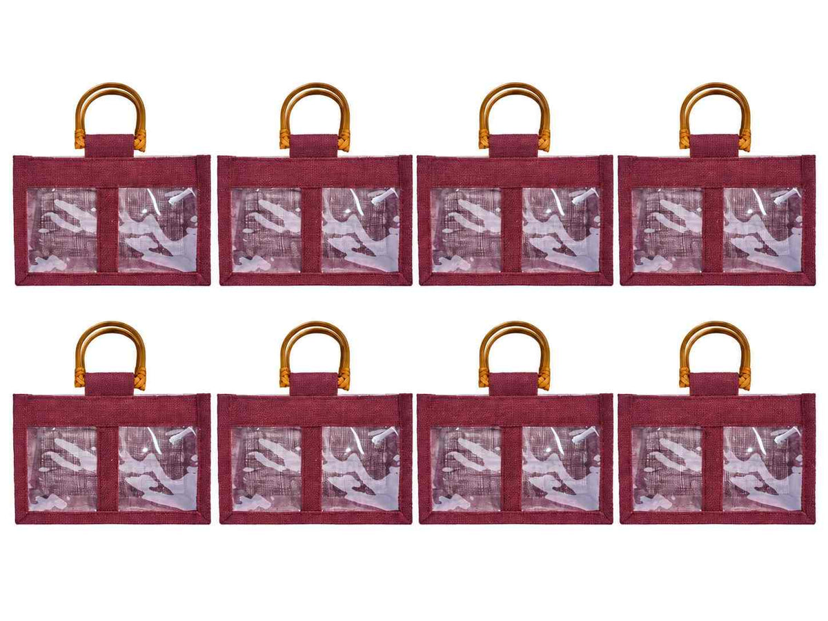 8 Pack 4.92 x 7.88 x 4.33 Inch Jucobee Jute Gift Bags with Cane Handles and Double PVC Windows in Deep Red, Pink, Green, Orange for Gifting