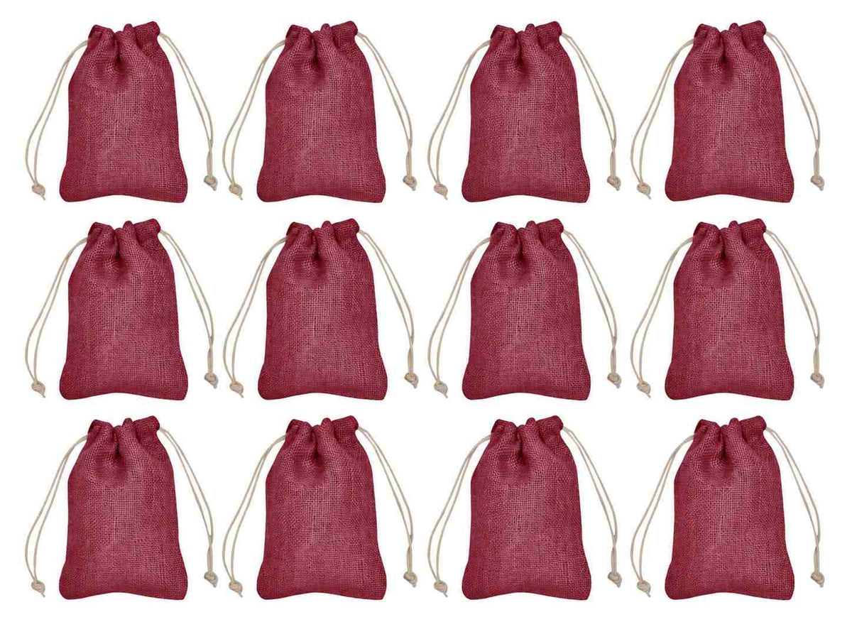 12 Pack 9.05 x 6.69 Inch Jucobee Jute Gift Bags, Drawstring Pouches in Deep Red, Pink, Green, Orange for Jewelry, Crafts and Gifting