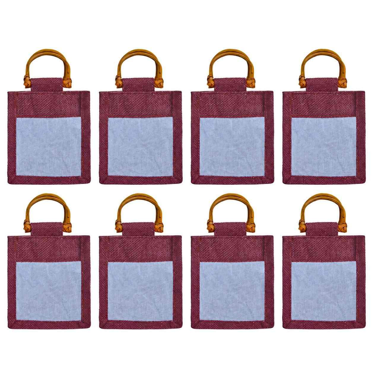 8 Pack 5.11 x 4.34 x 3.93 Inch Jucobee Jute Gift Bags, Cane Handles and Organza Overlay in Deep Red, Pink, Green, Orange