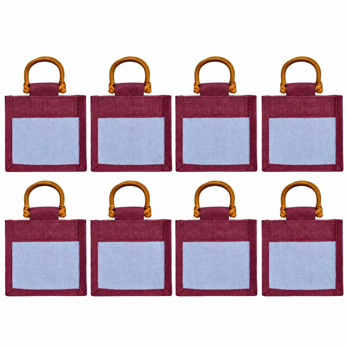 8 Pack 5.11 x 6.3 x 4.13 Inch Jucobee Jute Gift Bags with Cane Handles and Organza Window in Deep Red, Pink, Green, Orange for Gifting and Crafts
