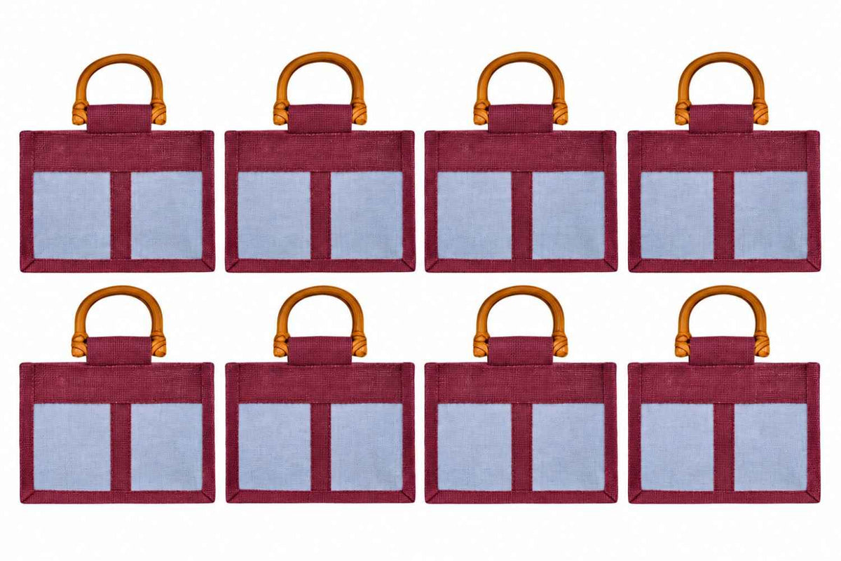 8 Pack 5.11 x 8.27 x 3.93 Inch Jucobee Jute Gift Bags with Cane Handles and Organza Panels in Deep Red, Pink, Green, Orange for Gifting
