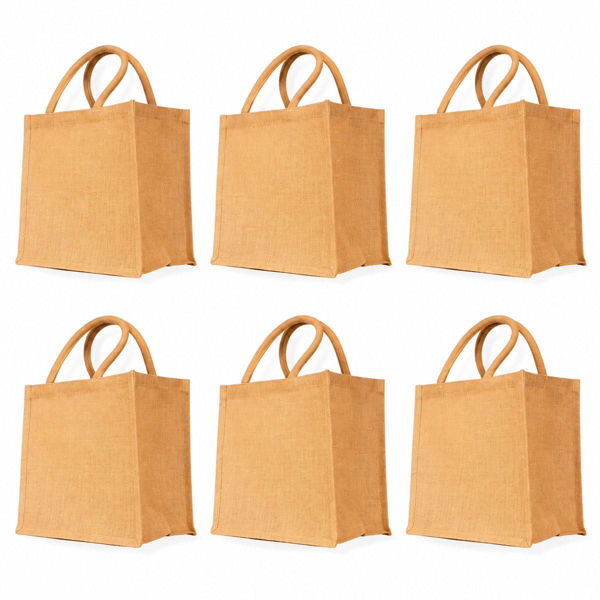 Pack of 6 , 12x12x8 Jucobee Burlap Jute Tote Bags with Gusseted Base Sturdy Handles Reusable Shopping Grocery Bags