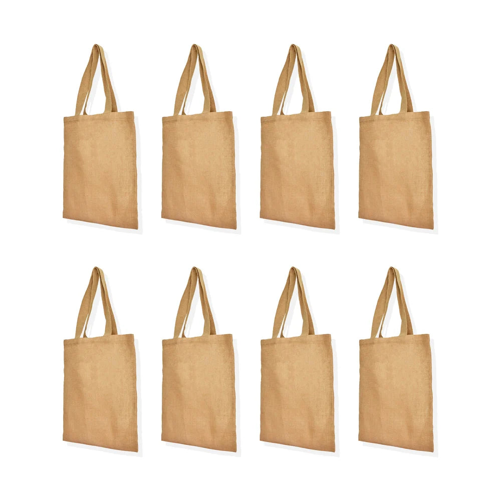 Pack of 8 , 17x15 Jucobee Natural Burlap Jute Tote Bags with Flat Handles Reusable Grocery Shopping Beach Wedding Gift Bags