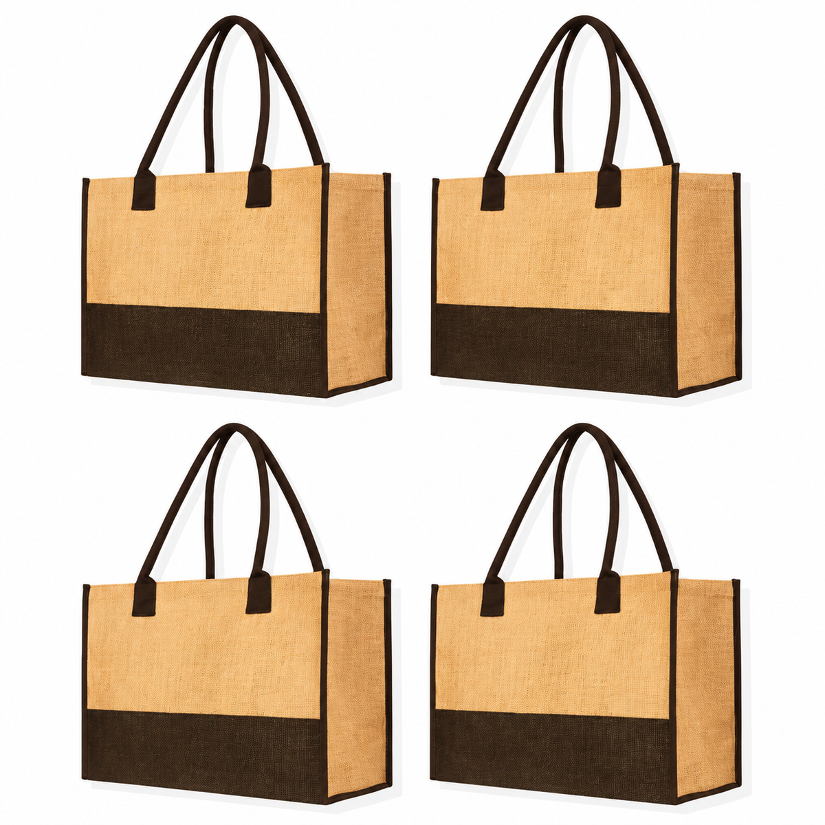 Pack of 4 , 12x16x8 Jucobee Natural Burlap Jute Tote Bags with Round Tube Handles Reusable Gift Grocery Wedding Beach Carry Bags