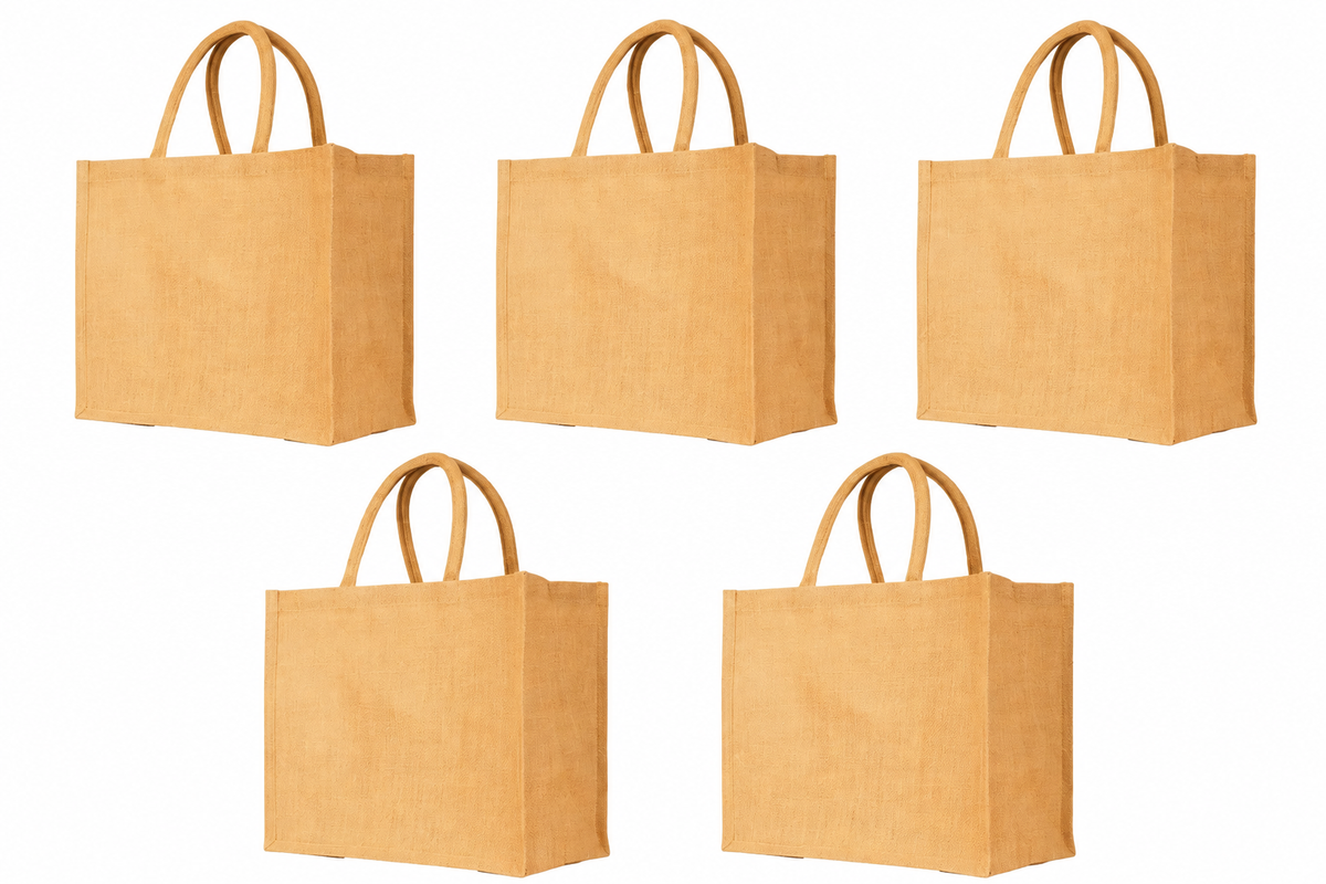 Pack of 5 , 12x13x7 Jucobee Natural Burlap Jute Tote Bags with Sturdy Handles Laminated Interior Reusable Shopping Wedding DIY Bags